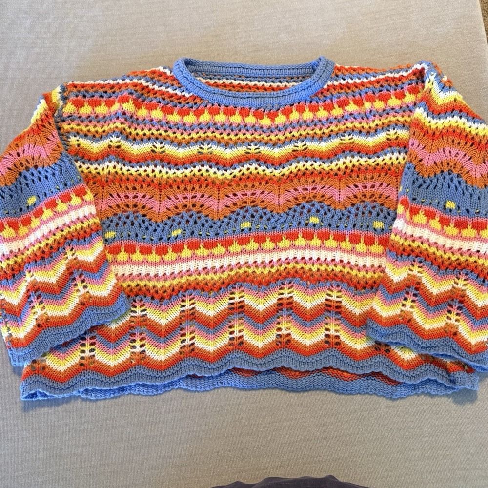 Womens S Colorful Fair Isle Open Knit Sweater Boxy Cropped Boho Blue Orange